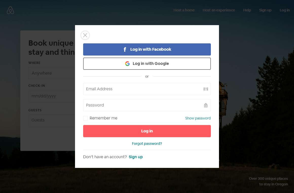 Web form airbnb - social sign-up