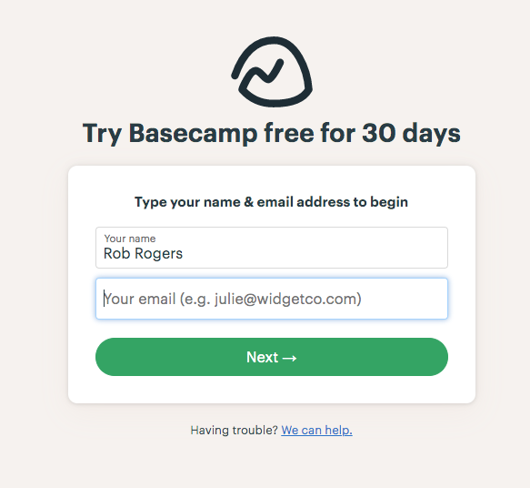 Web form example Basecamp