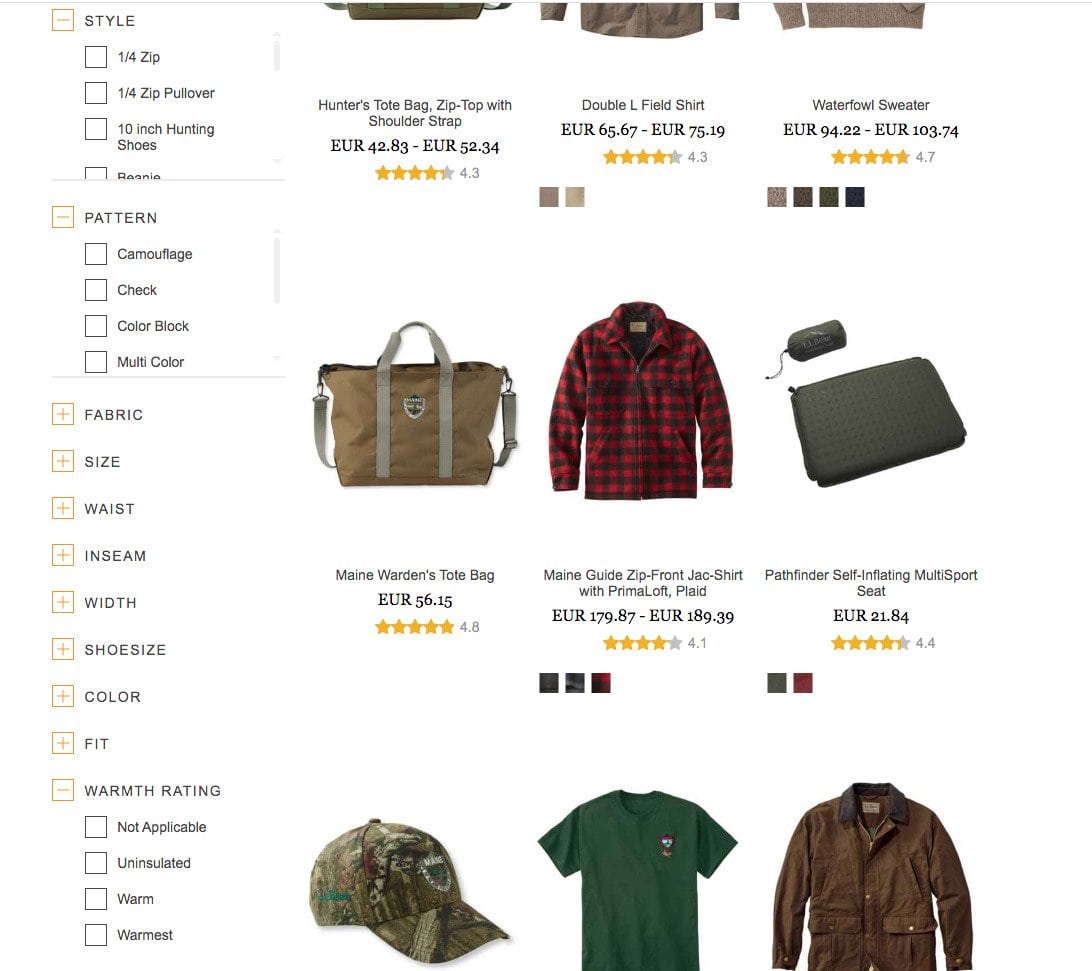 L.L.Bean e-commerce filters