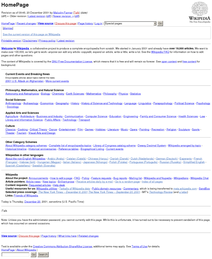 First preserved Main Page of Wikipedia
