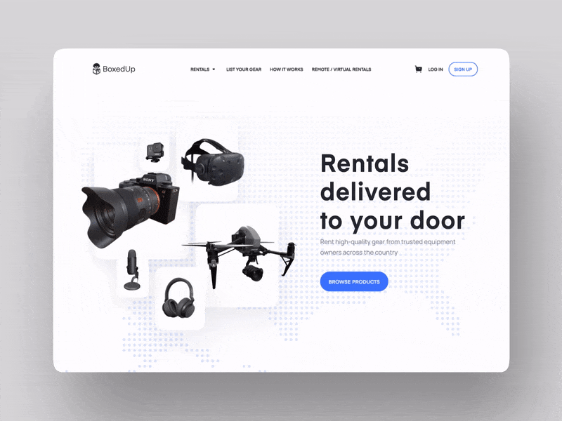 Gear rental landing page animation by Conceptzilla